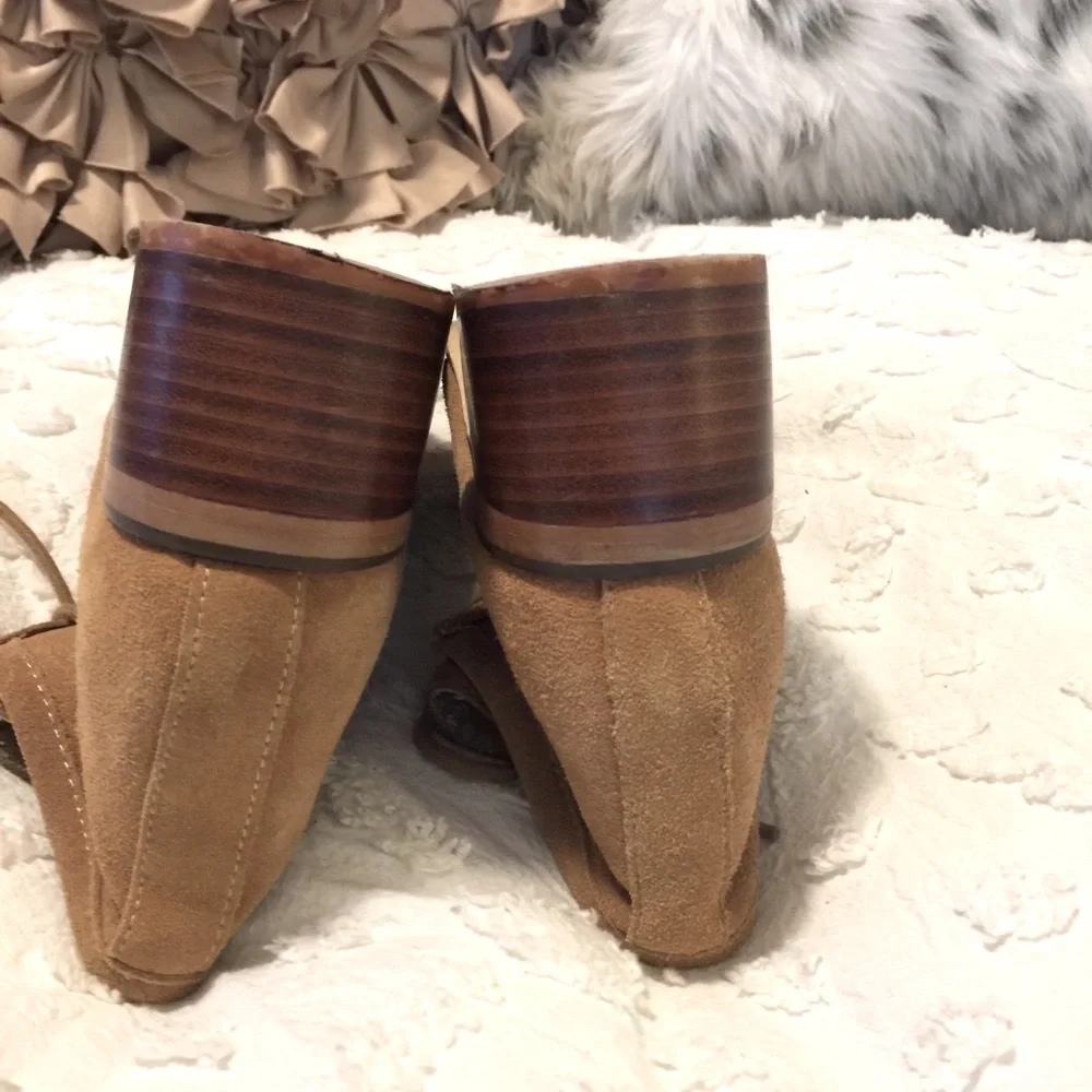 Lace Up Vintage Suede Leather Chukka Brown Carmel Tan Block Heel Ankle Boots 8